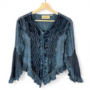 L’Pogee Whimsigoth Boho Velvet Ruffle Lace Button-Up Blouse Blue Embroidered OS